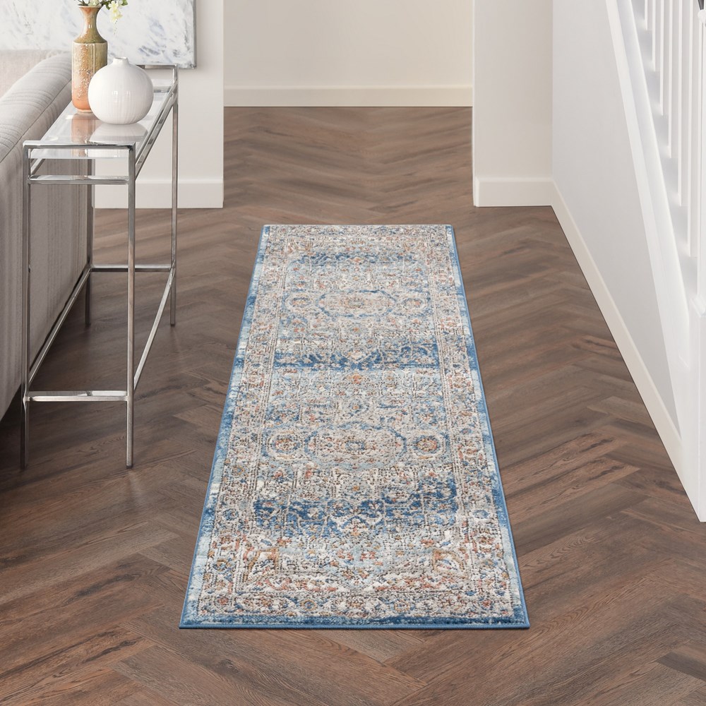 Quarry QUA11 Traditional Distressed Runner Rugs in Ivory Blue